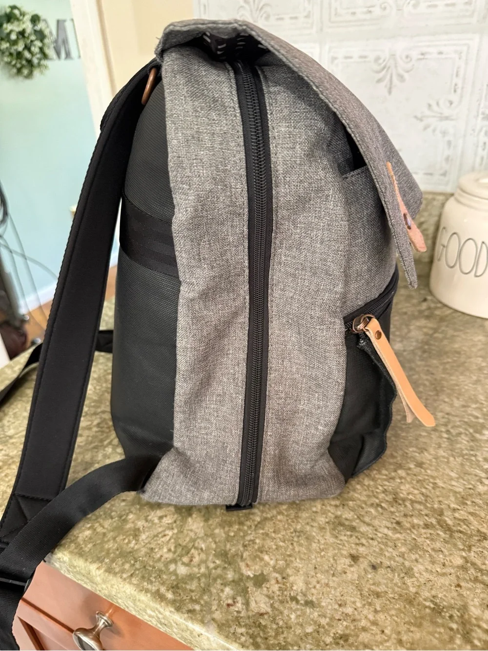 Petunia Pickle Bottom Gray and Black Diaper Backpack with Tan Trim
